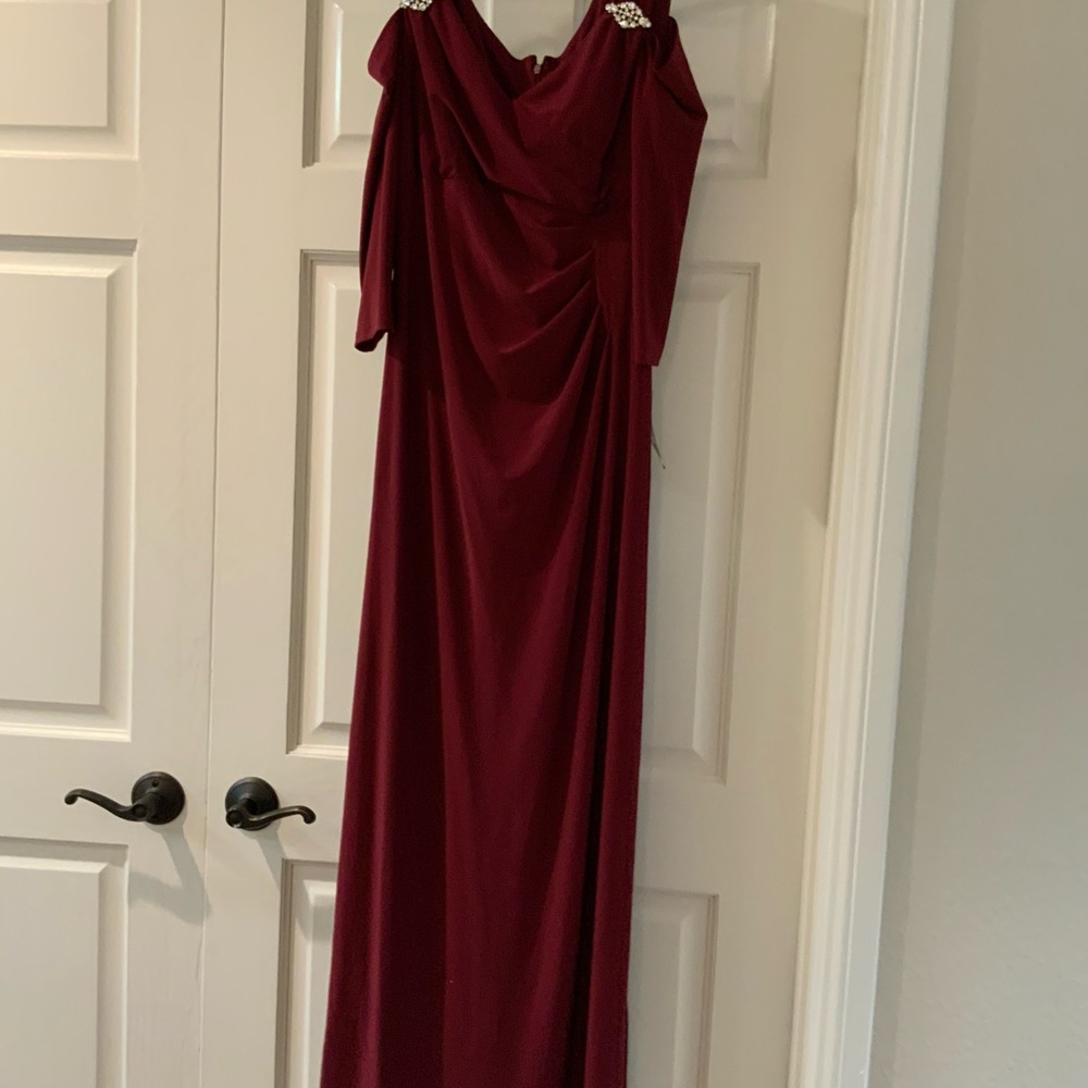 R&M Richards Red Ruched Maxi Gown cold shoulder.